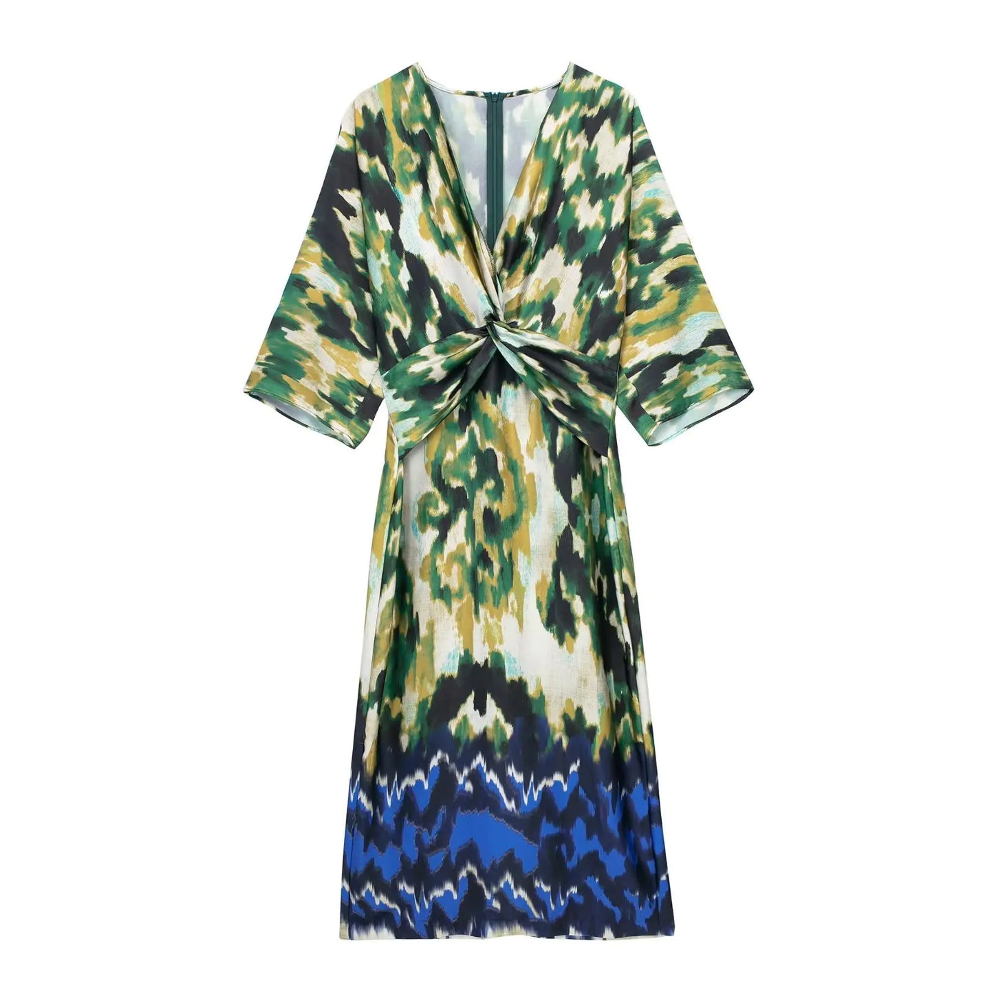 Elegant V-neck Satin Long Shirt Dress with Print
