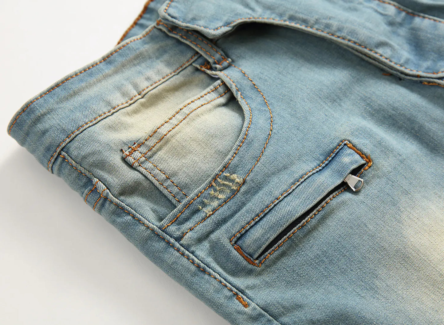 Men's Retro Distressed Zipper Decor Denim Pants