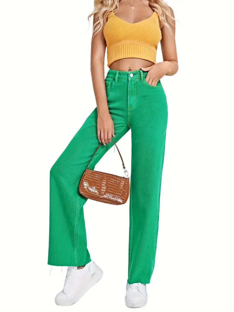 Green High Waist Wide Leg Loose Fit Denim Jeans