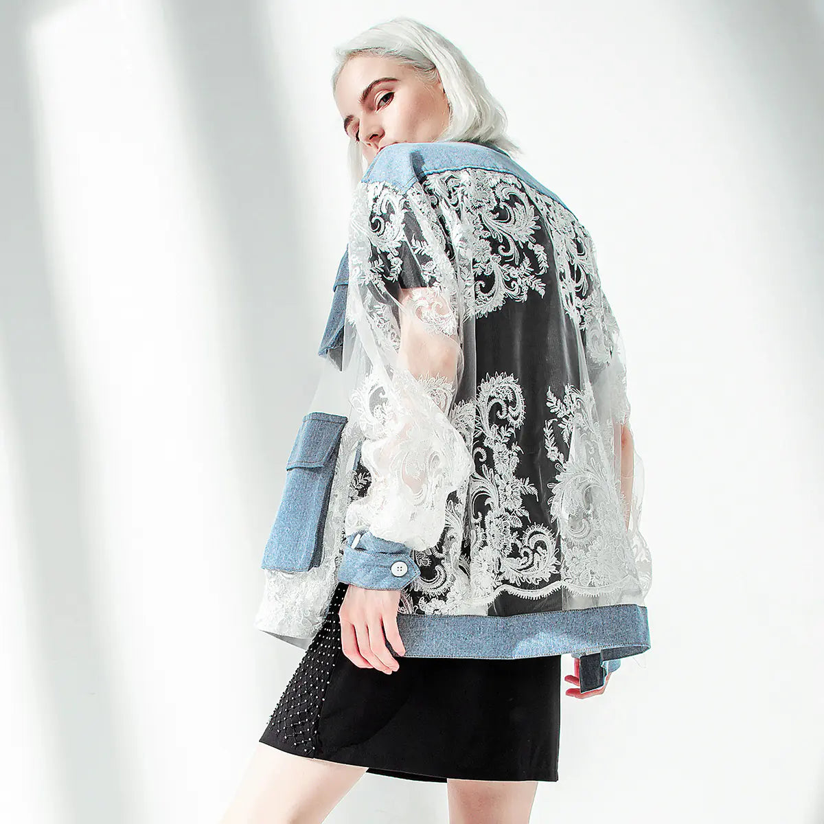 Oversized Sheer Lace-Trimmed Denim Jacket