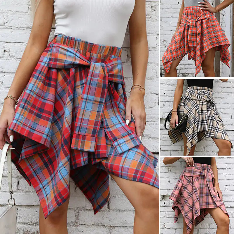 Irregular High Waist Plaid Tie-Sleeve Skirt for Women