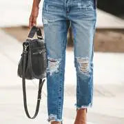 Blue Raw Hem Distressed Straight Jeans for Women
