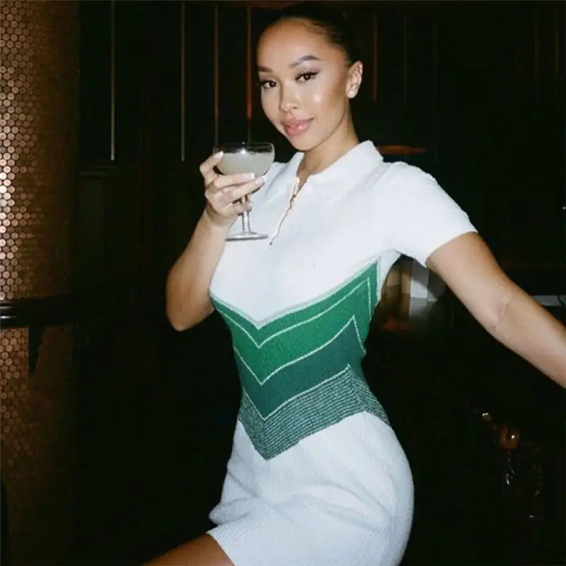 Casual Knitted High Waist Dress with Contrast Color