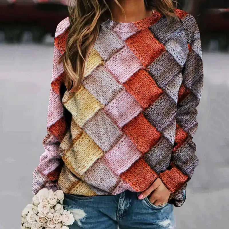 Women's Printed Patchwork Long Sleeve Raglan Sweater