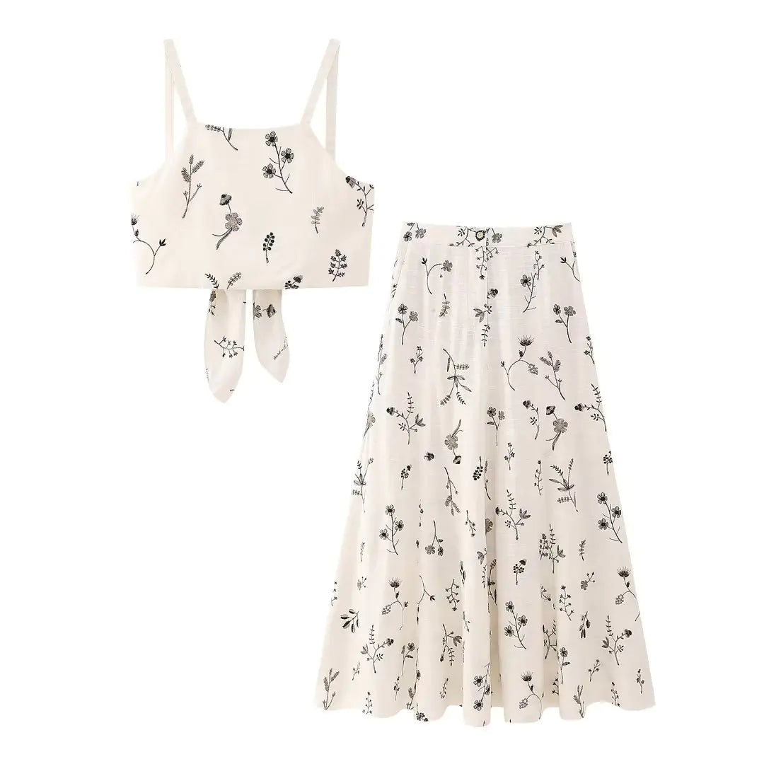 Embroidered Linen Blend Top with Long Skirt