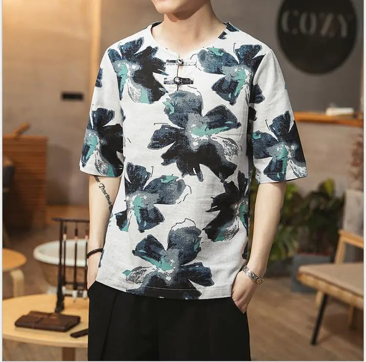 Plus Size Chinese Style Printed Short Sleeve T-Shirt