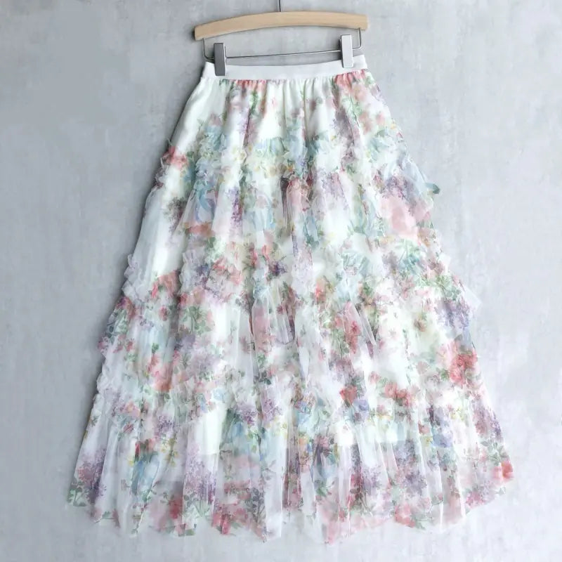 High Waist Flower Print Lace Tulle Skirt