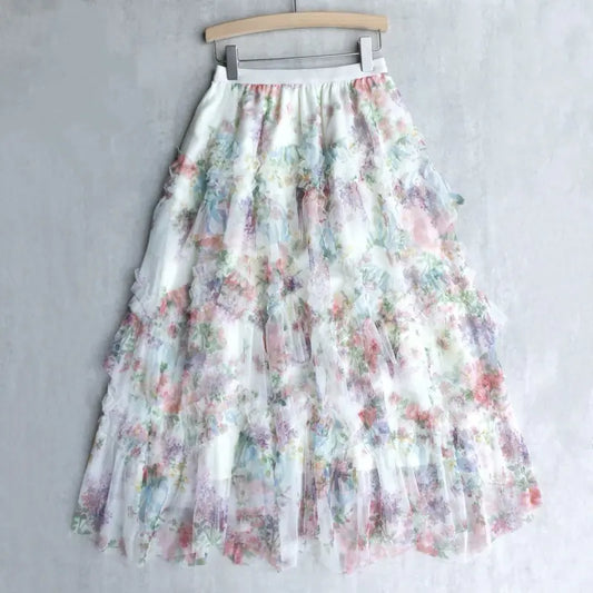 High Waist Flower Print Lace Tulle Skirt