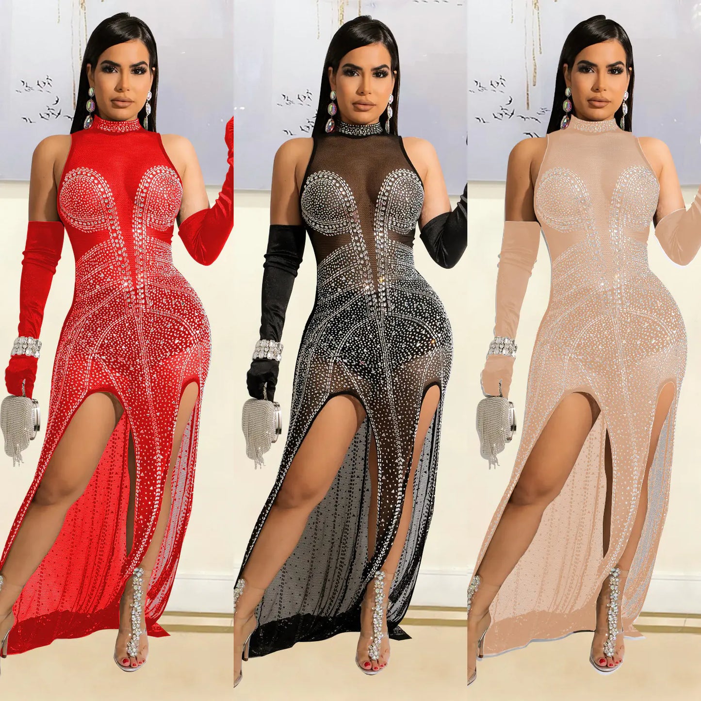 Women's See-through Mesh Hot Drilling Dress