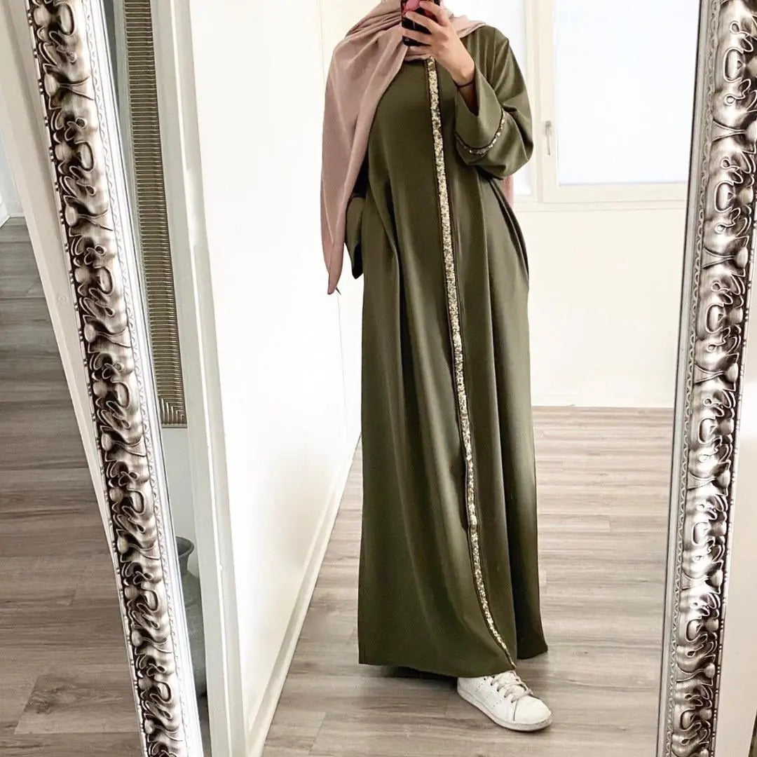 Muslim Women's Robe with Sequins and Trim Design