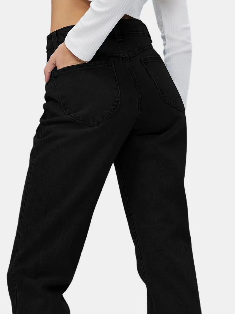 Black Raw Hem High Waist Loose Jeans