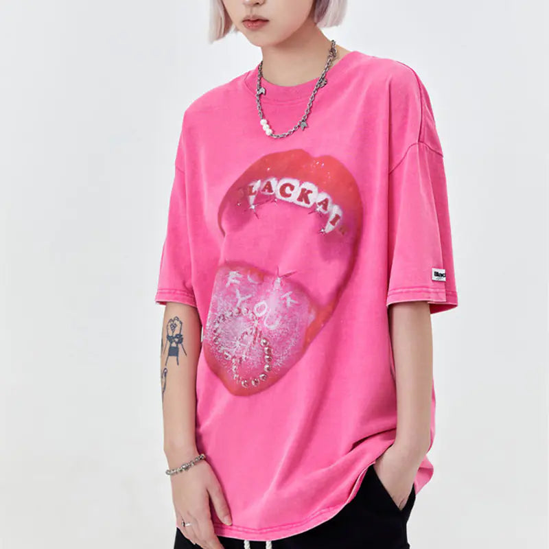 Retro Street Men's Red Lips Print Short Sleeve T-Shirt