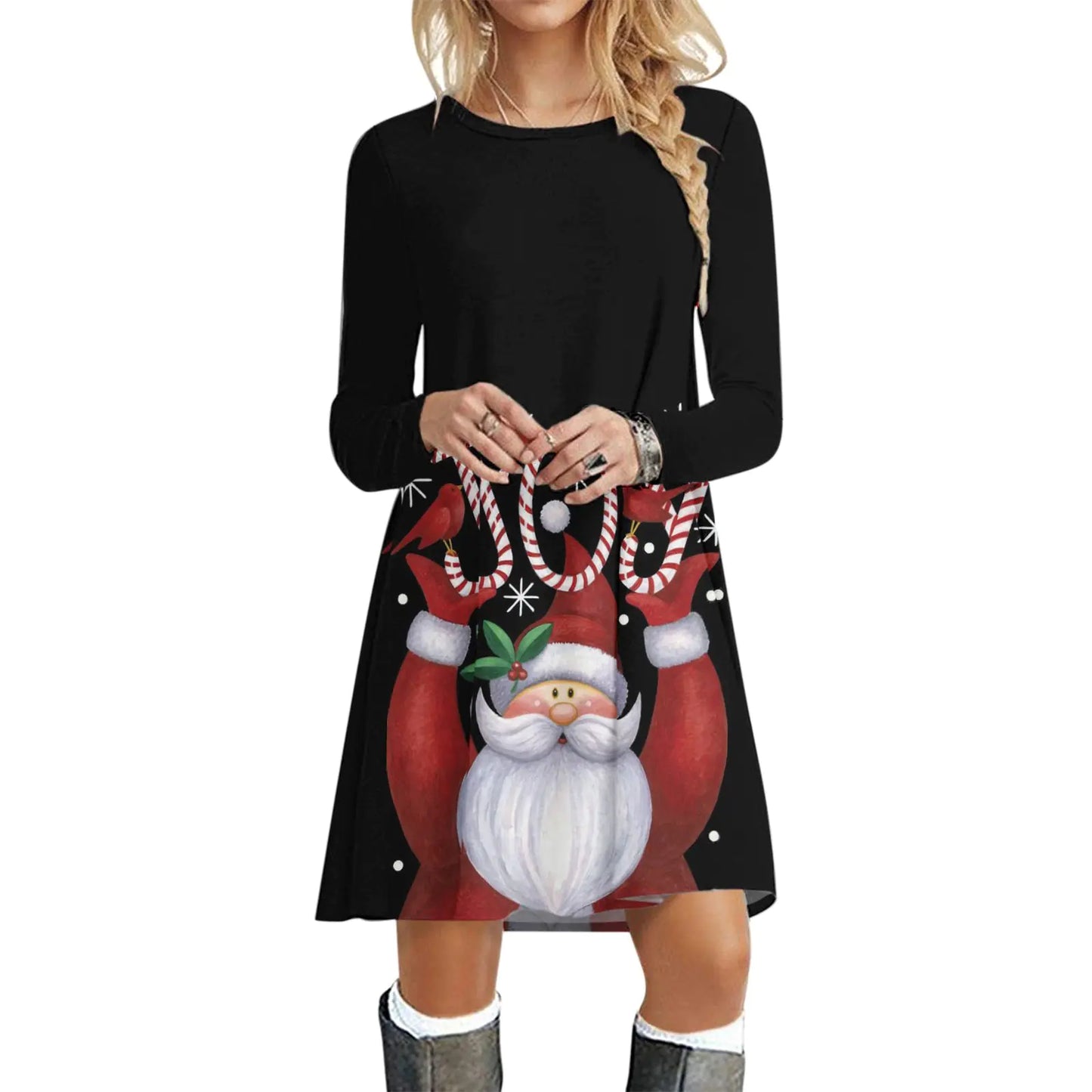 Casual Printed Christmas Long Sleeve Crewneck Dress