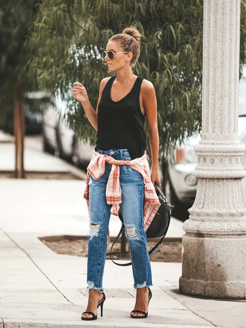 Blue Raw Hem Distressed Straight Jeans for Women