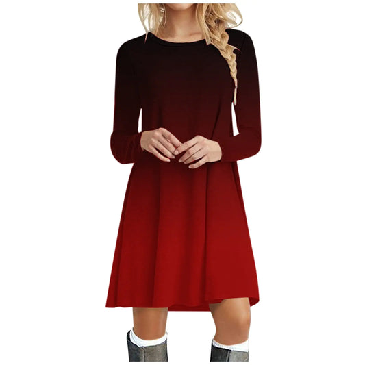 Casual Printed Christmas Long Sleeve Crewneck Dress