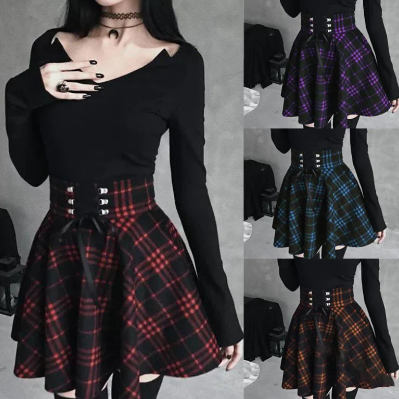 Women's Plaid Asymmetric Skirt with Ribbon Waist
