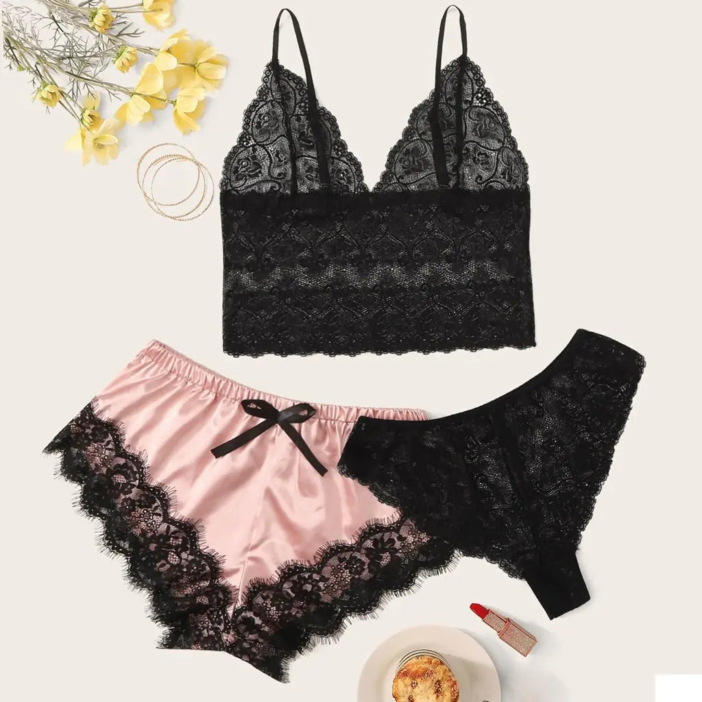 Women's 3-Piece Lace Pajama Set with Shorts and Top