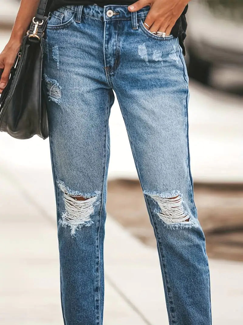 Blue Raw Hem Distressed Straight Jeans for Women