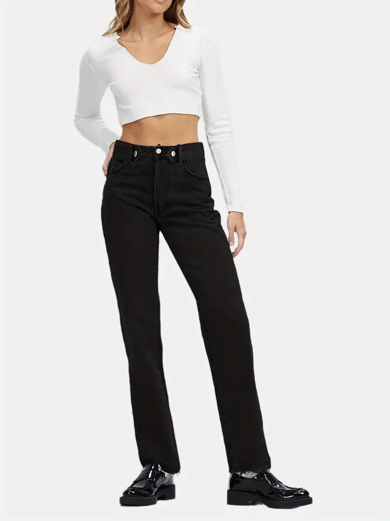 Black Raw Hem High Waist Loose Jeans