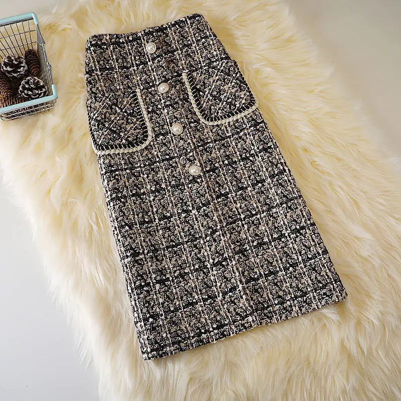 High Waist Slim Plaid Woolen Skirt