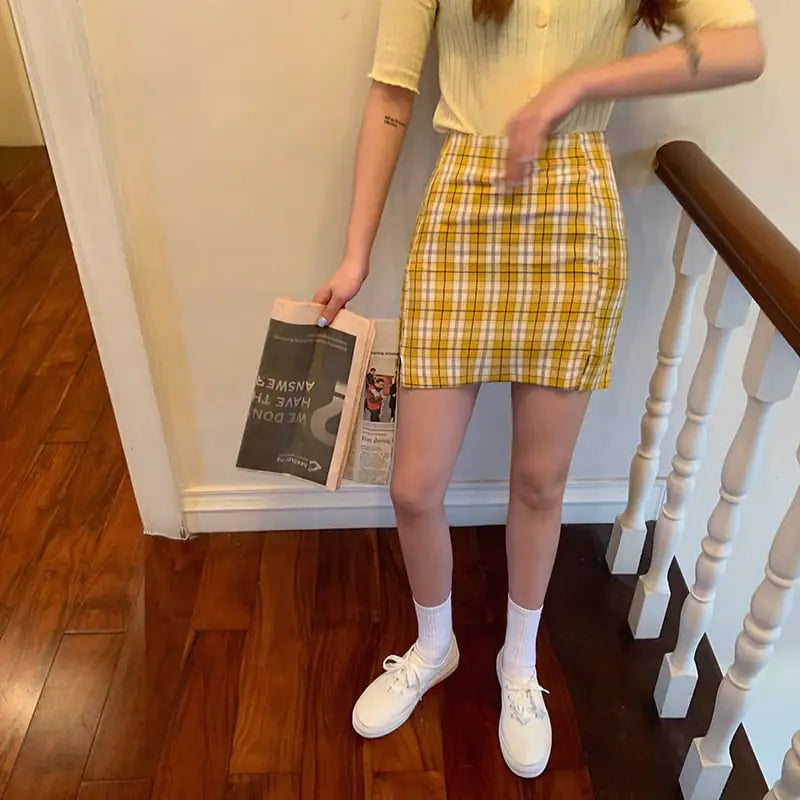 High Waist Casual Slim Plaid Skirt for Women