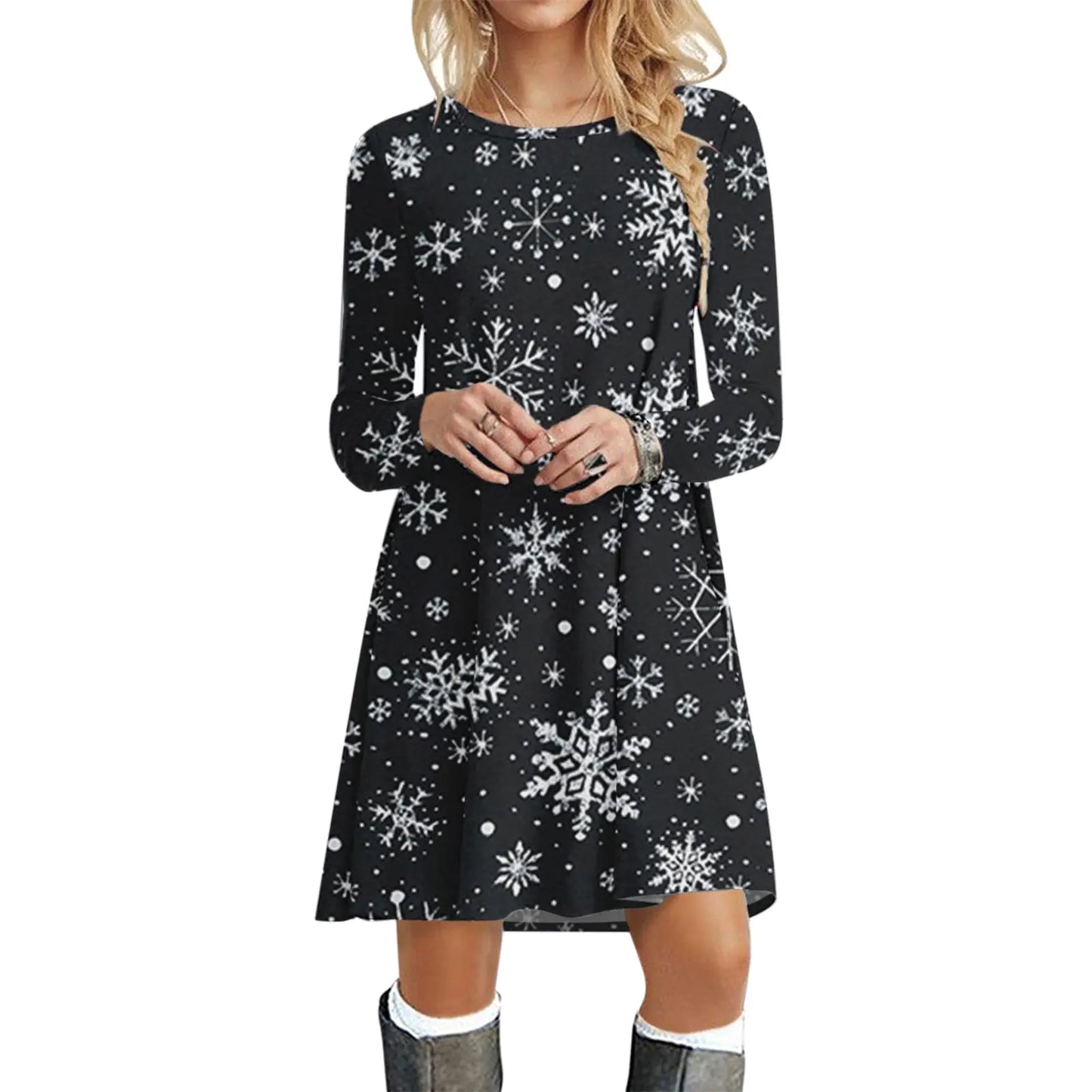 Casual Printed Christmas Long Sleeve Crewneck Dress