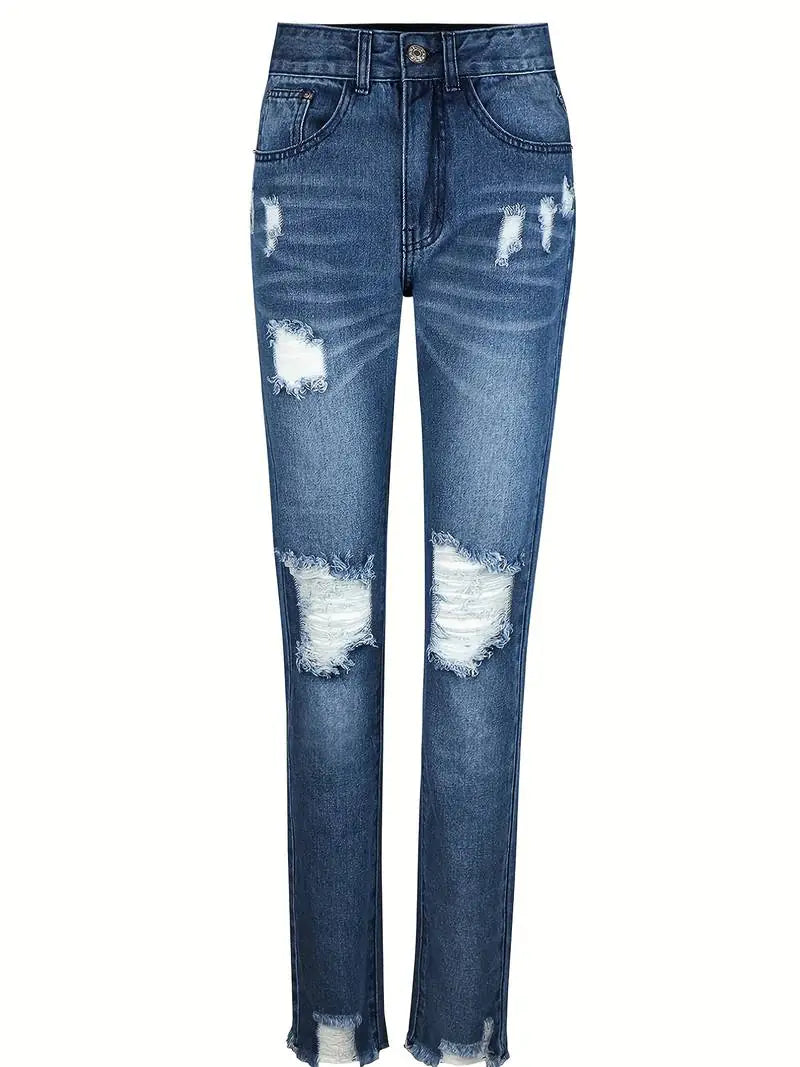 Blue Raw Hem Distressed Straight Jeans for Women