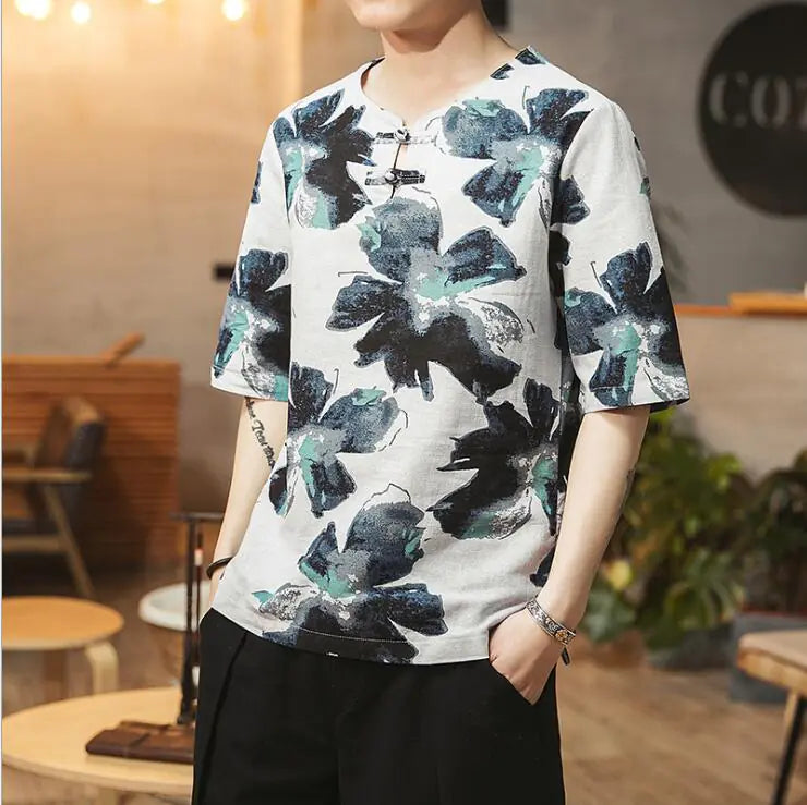 Plus Size Chinese Style Printed Short Sleeve T-Shirt
