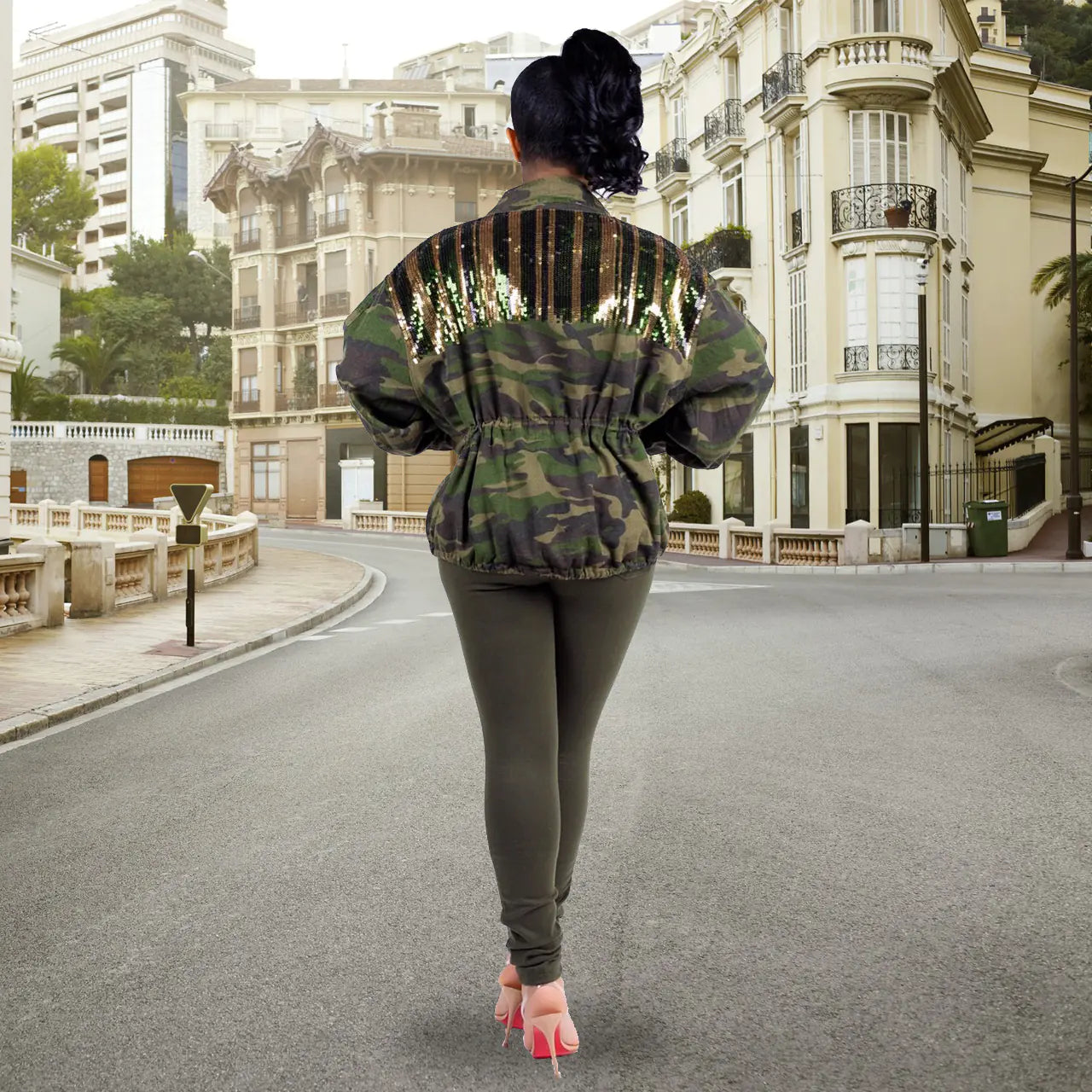 Camouflage Denim Jacket with Sequins and Versatile Style