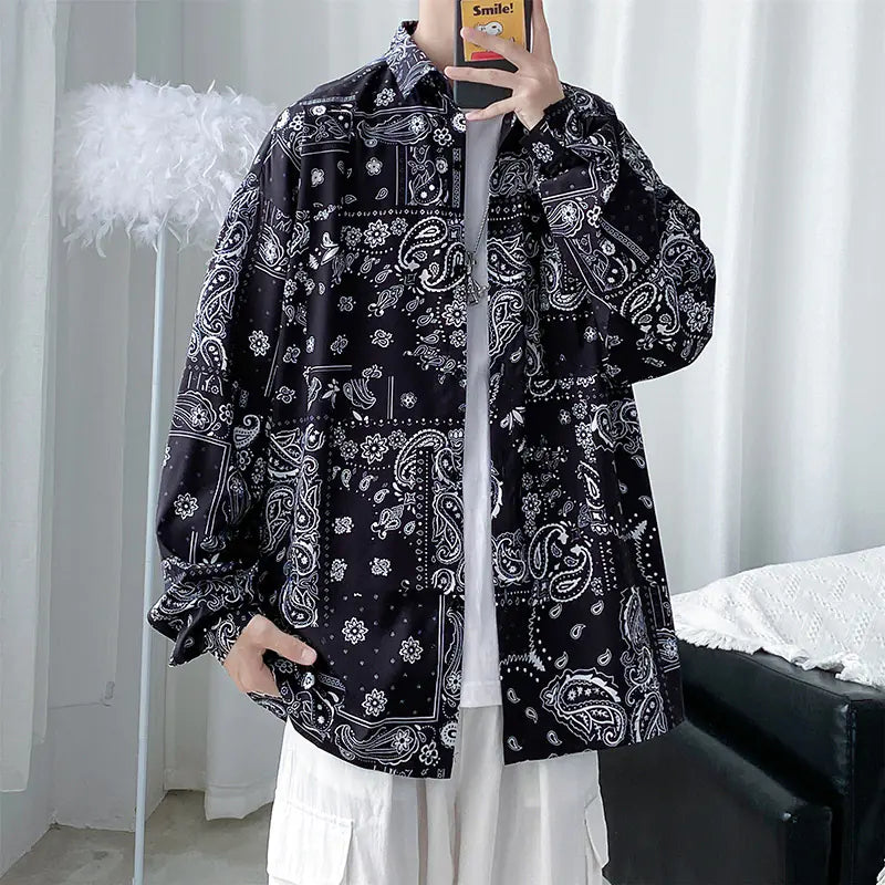 Men's Retro Floral Long Sleeve Shirt - Casual Loose Fit