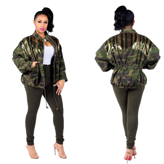 Camouflage Denim Jacket with Sequins and Versatile Style