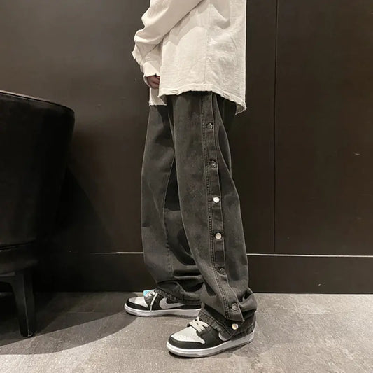 Vintage Button-Fly Loose Fit Side-Slit Denim Pants