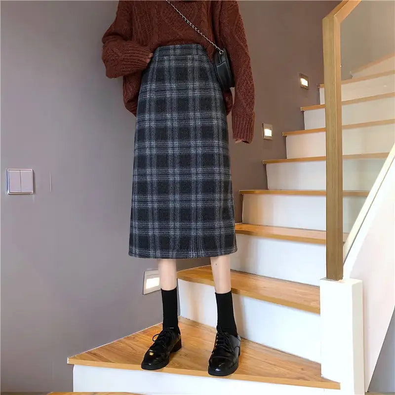 Retro High Waist Woolen Plaid Skirt for Women
