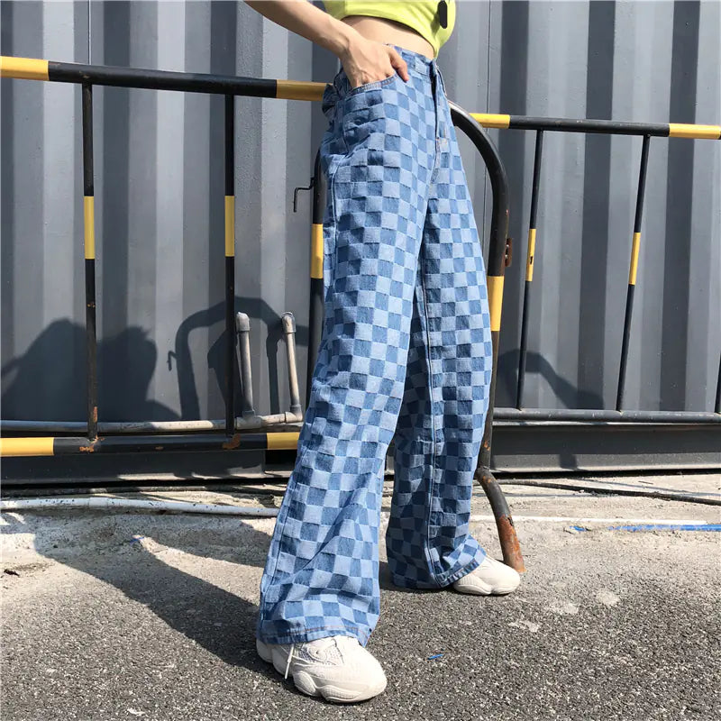Korean Vintage Checkered Loose Fit Wide-Leg Jeans