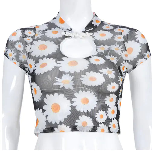 Sheer Mesh Turtleneck T-Shirt with Floral Short Sleeves