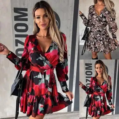 Women's Long-sleeved Printed Lace-up Shirt Dress