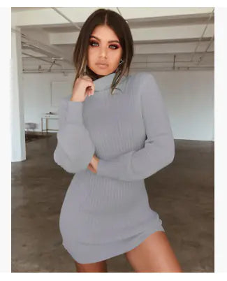 High Collar Slim Fit Long Sleeve Dress