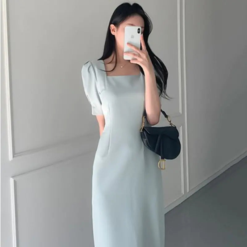 Korean Chic French Style Slim-Fit Midi Dress with Puff Sleeves