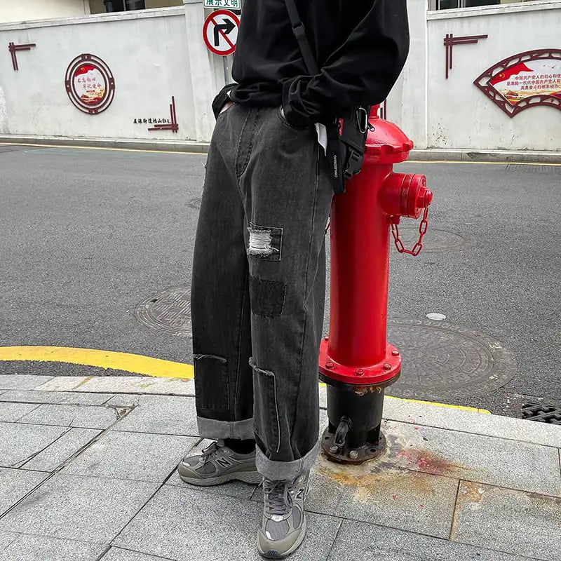 Loose Straight Leg Ripped Jeans for Men