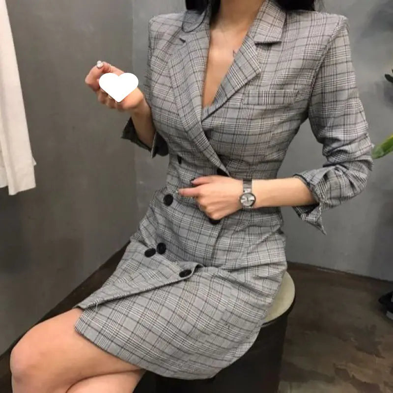 Korean Style Long Plaid Double-Breasted Dress