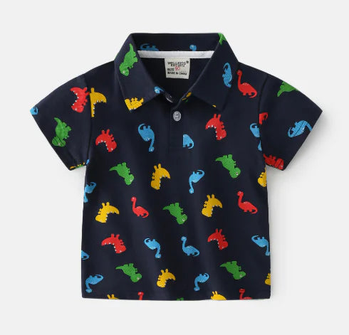 Summer Dinosaur Cartoon Print Boys' Short Sleeve Shirt