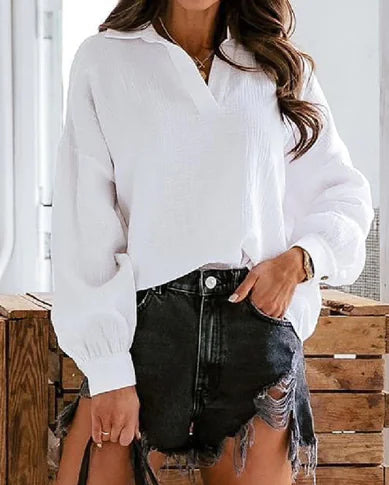 Lapel Lantern Long Sleeve Solid Color Shirt