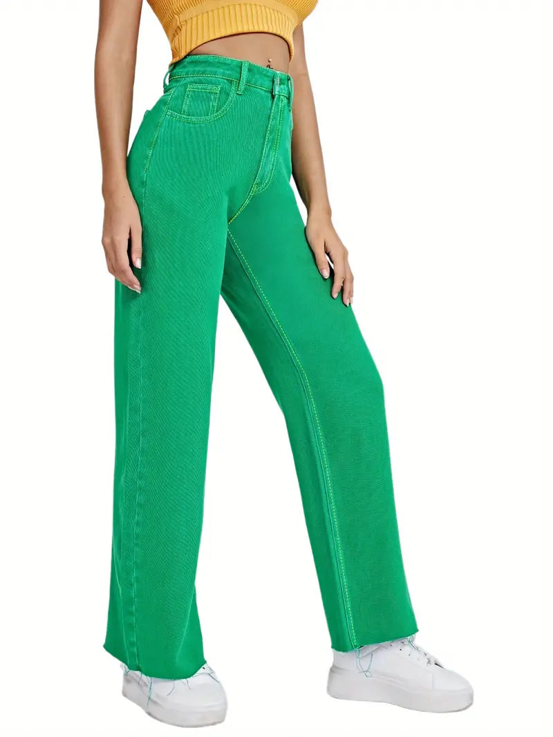 Green High Waist Wide Leg Loose Fit Denim Jeans