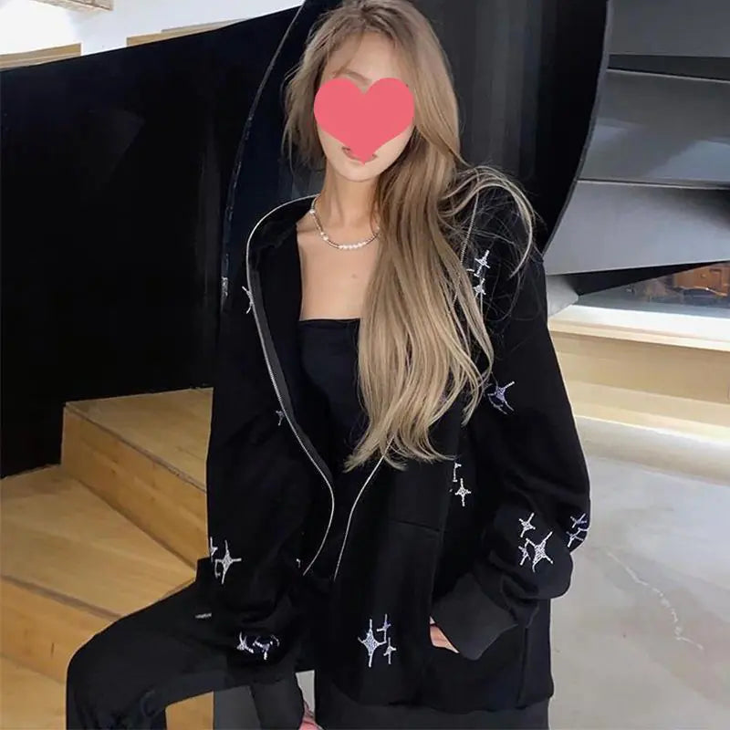 Loose Rhinestone Zipper Hooded Sweater by XINGX