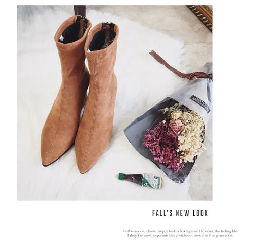 Warm Pointed Toe Mid Block Heel Suede Shoes