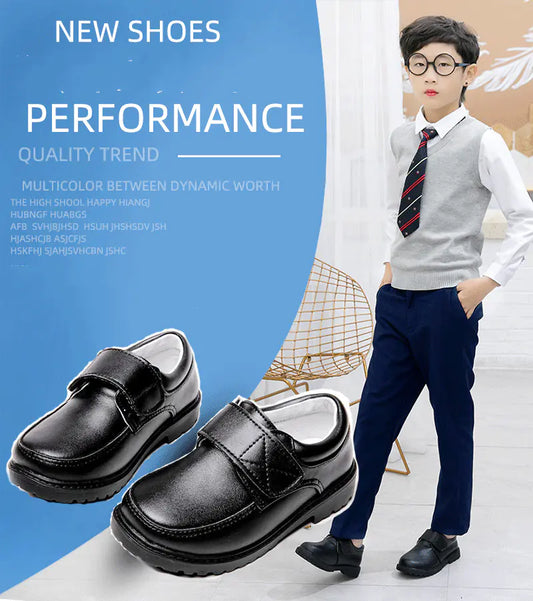 Boys Black Leather Velcro British School Shoes