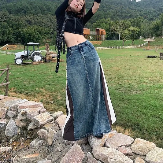 American Retro Denim Patchwork Skirt
