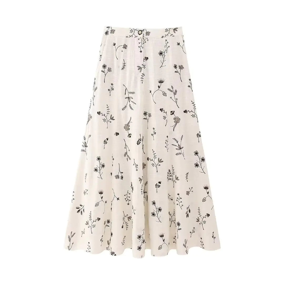 Embroidered Linen Blend Top with Long Skirt