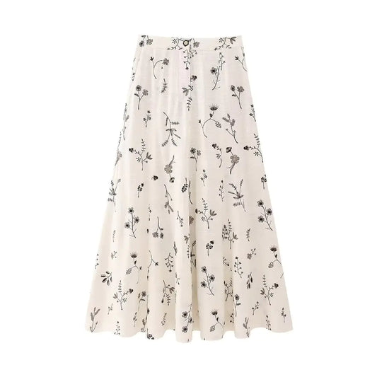 Embroidered Linen Blend Top with Long Skirt