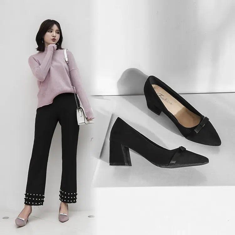 New Women's Black Suede Mid-Heel Pointed Shoes
